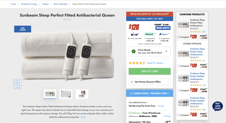 The Good Guys: Sunbeam Sleep Perfect Fitted Antibacterial Queen – $126 -> $121 with Price Beat